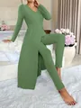 Detailed view of sage green ribbed knit two-piece set with a split long sleeve tunic - Green