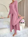 Dettaglio del set due pezzi in maglia a coste con maglia a maniche lunghe spaccata - 3XL / Top E Pantaloni / Rosso rosa