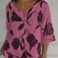Elegant pink cotton linen V-neck shirt featuring deep purple tulip floral prints - S / Tops / Red