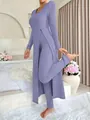 Completo a due pezzi in maglia a coste lavanda con maglia con spacco e pantaloni abbinati. - 3XL / Top E Pantaloni / Viola
