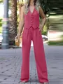 Two-piece pink vest and wide-leg trouser suit for elegant spring fashion - Rose Red