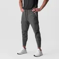 Detail view of men's dark grey cargo joggers with side pockets and elastic cuffs. - Black and Gray