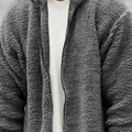Men's gray hooded sherpa fleece jacket with zipper closure - M / Tops / Gray