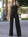 Elegant black two-piece set featuring a V-neck waistcoat and matching wide-leg trousers. - S / Top And Bottom / Black