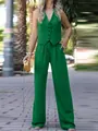 Elegant women's two-piece set with a green V-neck vest and wide-leg trousers suit - Verdant