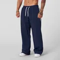 Close-up of men's navy blue wide-leg drawstring pants with breathable fabric texture - Navy Blue