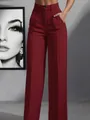 Elegant burgundy high-waisted wide-leg trousers with front crease and side pockets design. - S / Bottoms / Burgundy