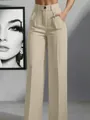 Detailed view of high-waist beige straight-leg trousers with pleated waist design - S / Bottoms / Khaki