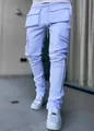 Men's light blue reflective cargo pants with multi-pockets and drawstring waist - M / Bottom (CK-838) / Blue