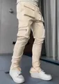 Detail of men's beige cargo pants with multi-pockets and reflective piping for casual wear - M / Bottom (CK-838) / Beige