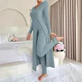Tweedelige set van geribde stof in stoffig blauw met split tuniek en legging - S / Boven- En Onderstuk / Militair Blauw