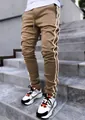 Close-up of men's khaki cargo pants featuring glowing reflective side stripes on stairs - 3XL / Bottom (CK-839) / Camel