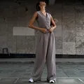 Elegant taupe V-neck sleeveless waistcoat and matching wide-leg trousers suit set - S / Top And Bottom / Gray