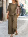 Elegant two-piece brown linen casual set for women shown in a summer street setting - S / Top And Bottom / Dark Brown