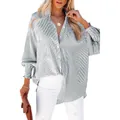 Detalle de camisa de rayas de corte grande para mujer con puños fruncidos y cuello de solapa - S / Tops / Rayas Grises y Blancas