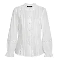 Elegante blusa blanca de manga larga con retazos de encaje y diseño de cuello de volantes - S / Tops / Blanco