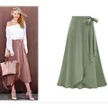 High-waisted irregular midi wrap skirt with bow tie waist in elegant sage green color - 3XL / Bottoms / Green