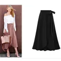 Elegant high waisted irregular split midi skirt with adjustable tie waist in black - M / Bottoms / Black