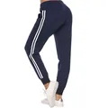 High-waisted navy blue tapered joggers with double white side stripes for women - M / Bottoms / Black