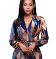Mono elegante de manga larga para mujer con estampado digital geométrico y cinturón. - S / Conjuntos / Multicolor