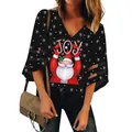Top navideño de mujer con estampado de Papá Noel, cuello en V y mangas de campana en malla - S / Tops / Negro