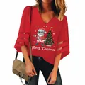Blusa roja festiva con cuello en V, estampado de Papá Noel y mangas de malla - S / Tops / Rojo