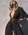 Elegant black lace patchwork long beach cover-up with tie-front and sheer sleeves - S / Robe / Black
