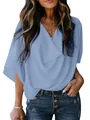 Light blue chiffon V-neck blouse for women featuring a loose casual short sleeve design - S / Tops / Sky Blue