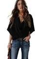 Elegant black V-neck chiffon blouse for women with a loose fit and middle sleeve design - L / Tops / Black
