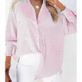 Camisa de rayas rosas para mujer con corte holgado y mangas largas con hombros caídos - S / Tops / Rayas Rojas