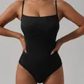 Black seamless knitted yoga bodysuit with spaghetti straps and square neck for fitness - S / Set / Black