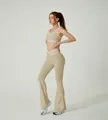 Beige two-piece sports yoga set featuring contrast trim and v-waist flared leggings - S / Top And Bottom / Two-Piece Set / Light Khaki