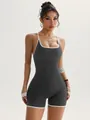 Slim fit gray yoga bodysuit with white trim and crossed back straps for dance and fitness - S / Set / Dark Gray