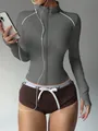 Women's slim-fit gray zip-up yoga jacket with mock neck and thumb hole sports top - S / Tops / Medium Grey