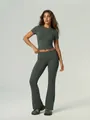 Dark grey two-piece yoga set with short sleeve top and high-waisted flared leggings - S / Top And Bottom / Army Green