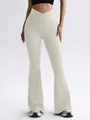 Cream ribbed seamless crossover high-waisted flare yoga pants with V-waist design - S / Bottoms / Beige