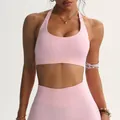 Pink halter neck sports bra and high-waisted yoga leggings set for fitness and yoga - S / Tops / Pink