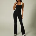 Professional sleeveless backless black and white color-block flared leg yoga jumpsuit for women - S / Top And Bottom / Black
