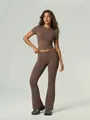 Two-piece coffee brown quick-dry yoga set with short sleeve top and flared leggings - S / Top And Bottom / Mocha Brown