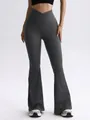 Premium seamless dark grey ribbed high waist flared yoga pants with crossover waistband design - S / Bottoms / Gray