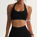 Premium solid black halter neck sports bra for women yoga and fitness gym training - S / Tops / Black