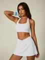 Premium white halter square neck sports bra and cross waist tennis skirt set for women - S / Top And Bottom / Cloud White