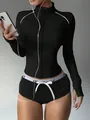 Women's slim fit black yoga jacket featuring a stand-up zip collar and thumb holes design - S / Tops / Black