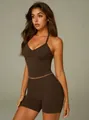 Two-piece coffee halter neck yoga set with padded sports top and matching biker shorts - S / Top And Bottom / Mocha Brown