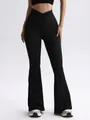 Black high waisted crossover ribbed flare yoga pants for fitness and yoga workout. - S / Bottoms / Black