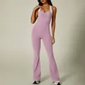 Sleeveless lavender contrast halter flared jumpsuit with ruched V-neck for yoga or fashion - S / Top And Bottom / Pink