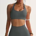 Athletic dark grey halter neck sports bra and high-waist yoga leggings set for fitness - S / Tops / Dark Gray