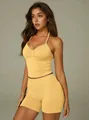 Professional yellow halter neck yoga set with backless top and high waist shorts - S / Top And Bottom / Yellow