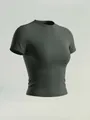 Damen eng anliegendes dunkelgraues kurzärmeliges schnelltrocknendes Sport-T-Shirt für Yoga - S / Oberteile / Armeegrün