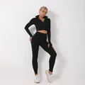 Set yoga 2 pezzi nero da donna con giacca con zip e leggings a vita alta fitness - Taglia S / Top E Pantaloni / Set di 3 pezzi / Nero